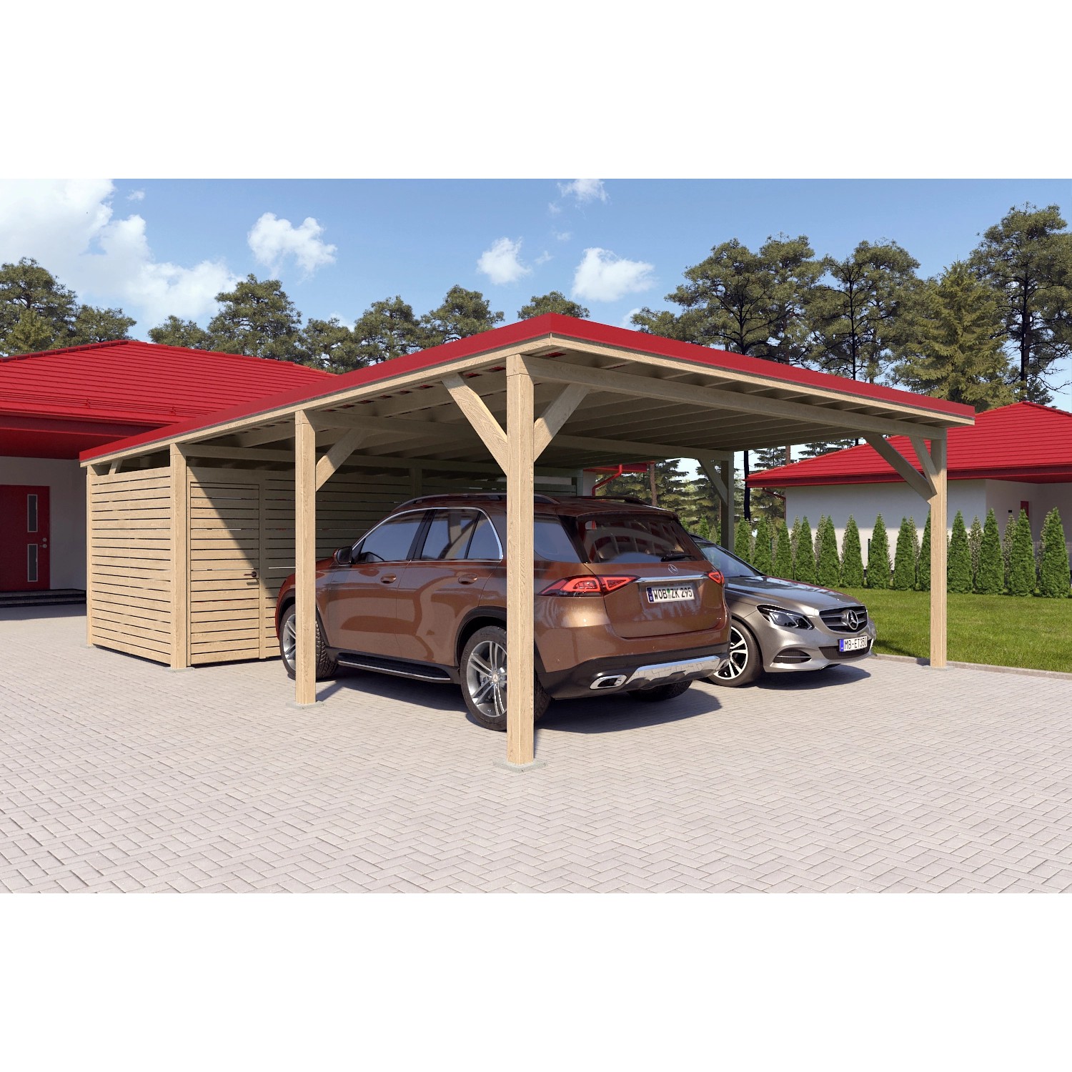 Holzbrüder Carport Ralf 52m² mit Geräteraum Natur-Rot günstig online kaufen