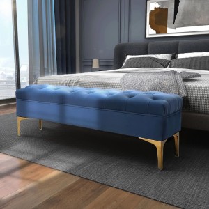 HOMCOM Sitzbank Samt Blau mit goldenen Beinen. Eleganter Polsterhocker für Möbel.