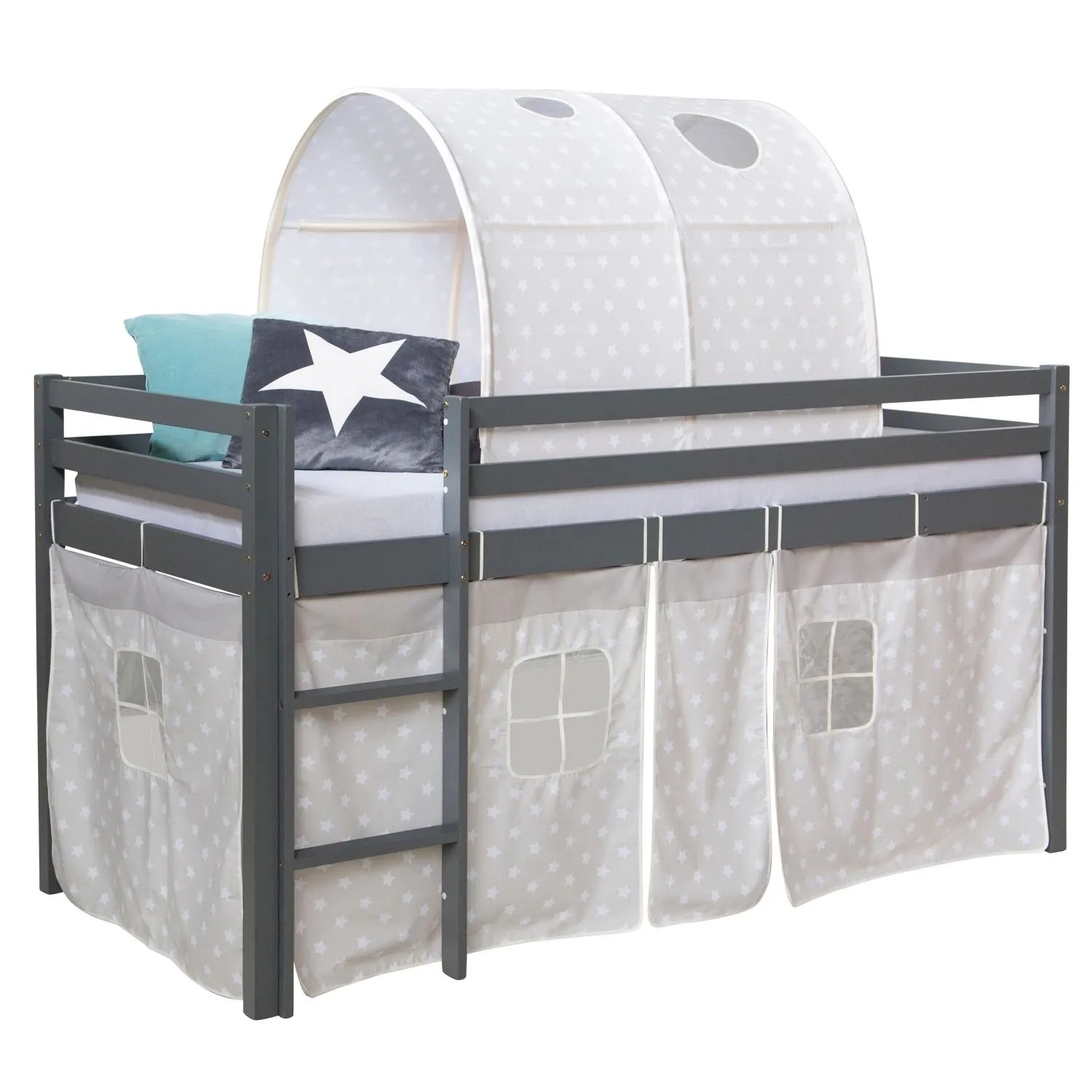 Homestyle4u Kinderhochbett 90x200 Grau mit Lattenrost Matratze 2784