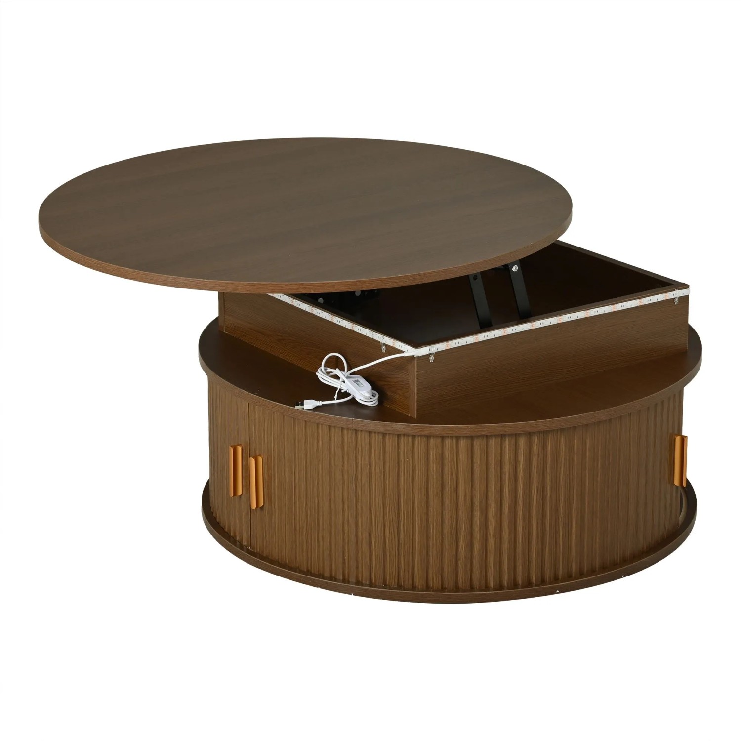 ModernLuxe Couchtisch Hochglanz Höhenverstellbar mit LED 2 Rolltüren Stauraum MDF Braun