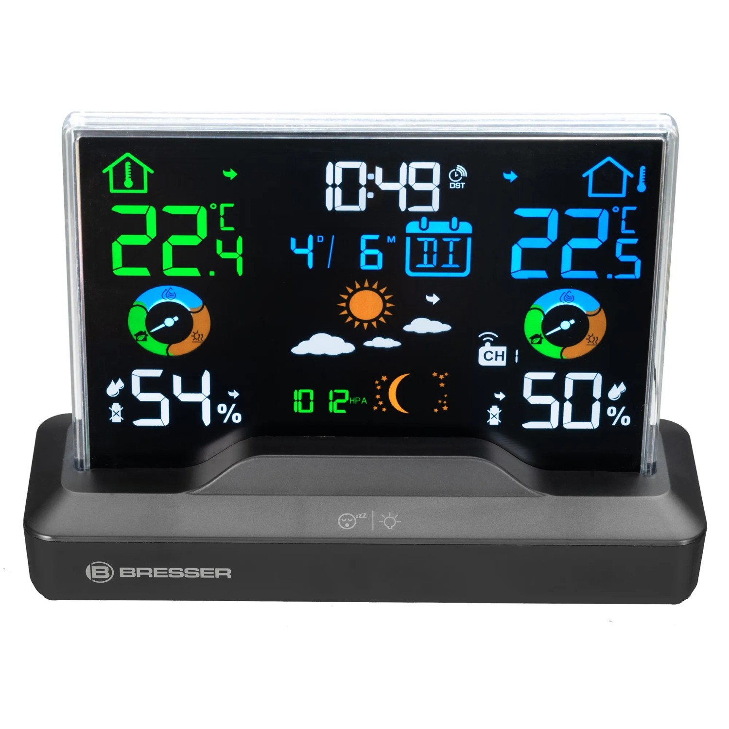 Bresser Funk-Wetterstation mit rahmenlosem Display, Anzeige von Temperatur, Luftfeuchtigkeit und Wettervorhersage.