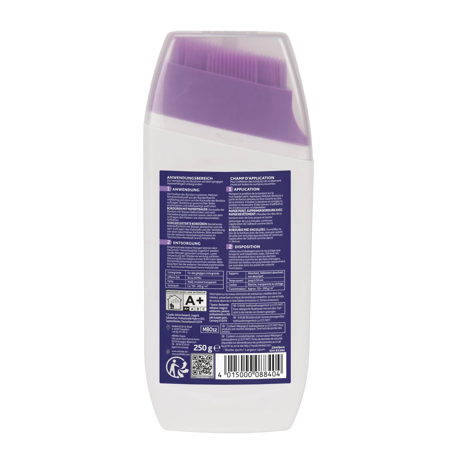 Metylan Bordüren Kleber 250g Tube mit integrierter Bürste, Rückseite mit Anwendungsbeschreibung.