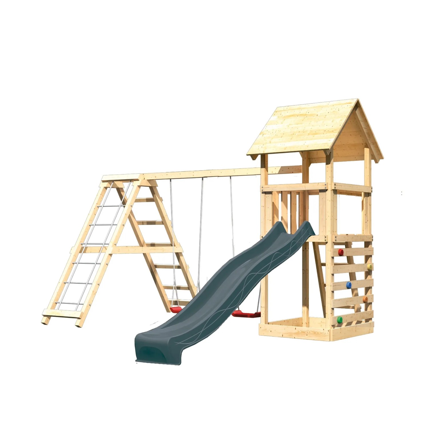 Karibu Spielturm Lotti mit Rutsche Schaukelanbau Gerüst u. Kletterwand