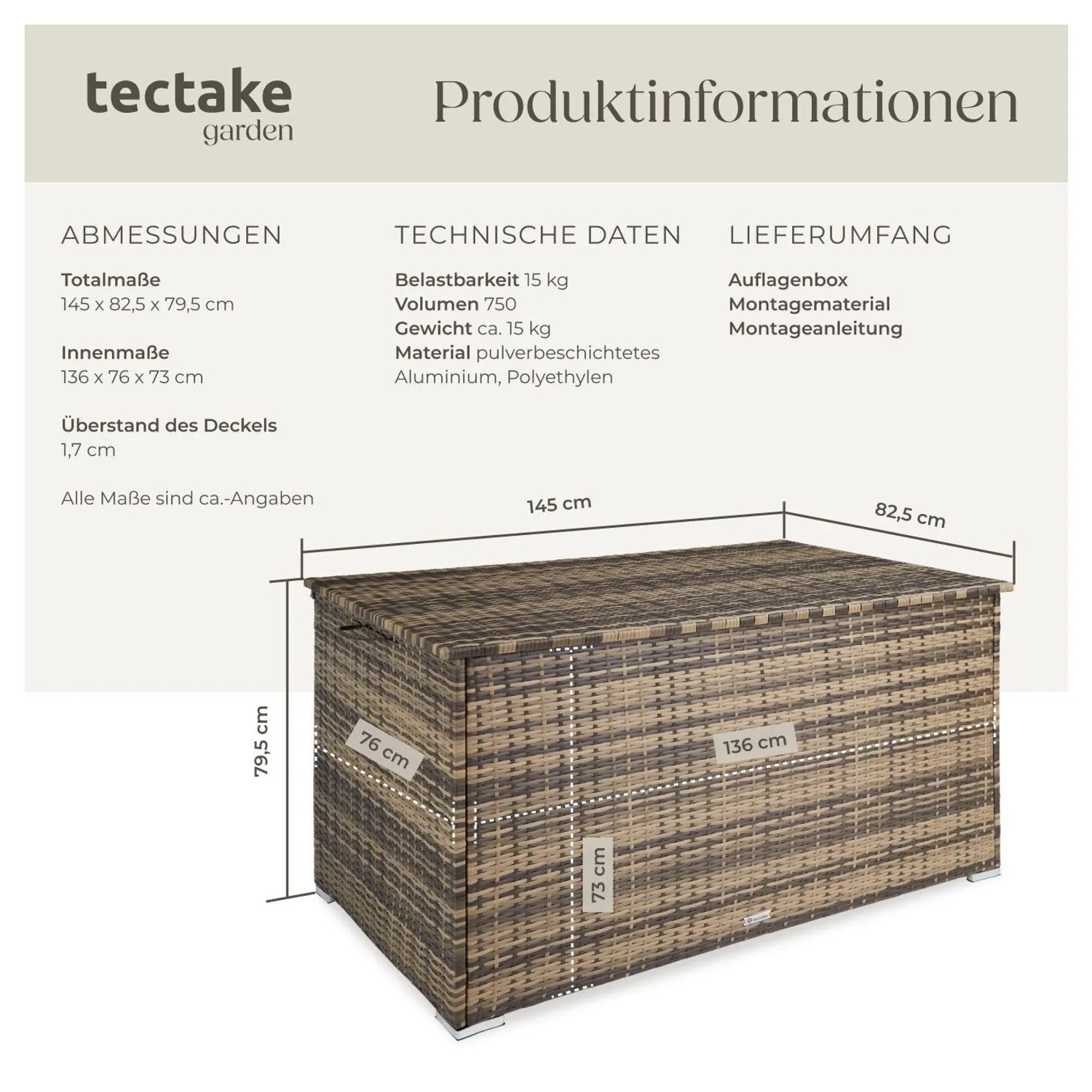 Tectake Auflagenbox Oslo, 750L, Rattangeflecht, Aluminium, 145x82,5x79,5cm, natur für Gartenzubehör.