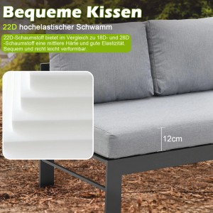 Detailaufnahme: Graues Lounge-Set mit bequemen Kissen (12cm) und robustem Aluminiumrahmen. Gartenmöbel für entspannte Stunden.