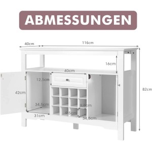 Weißes Costway Sideboard 116x40x82 cm mit Türen, Schublade und Weinregal. Maße der Fächer sichtbar.