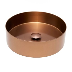 Rundes Aufsatzwaschbecken aus gebürstetem Edelstahl in Rosegold, 38 cm Durchmesser, mit passendem Schaftventil.