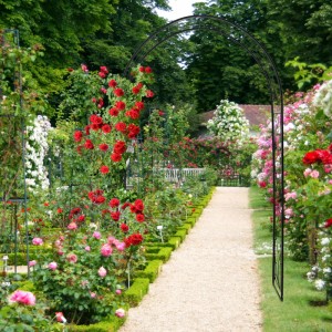 Schwarzer Relaxdays Rosenbogen aus Eisen, 216 cm hoch, als Rankhilfe in einem blühenden Garten.