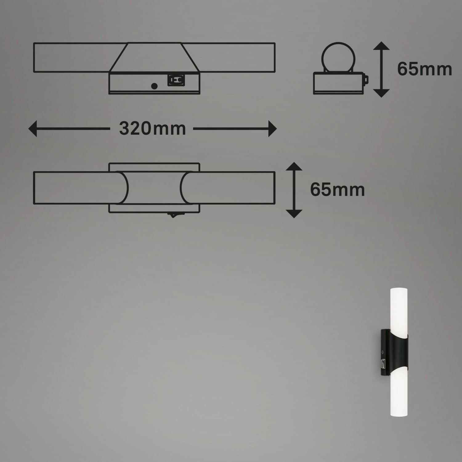 Brilo LED-Wandleuchte Klak Schwarz, 6,5W, mit Maßangaben und montiertem Beispiel.