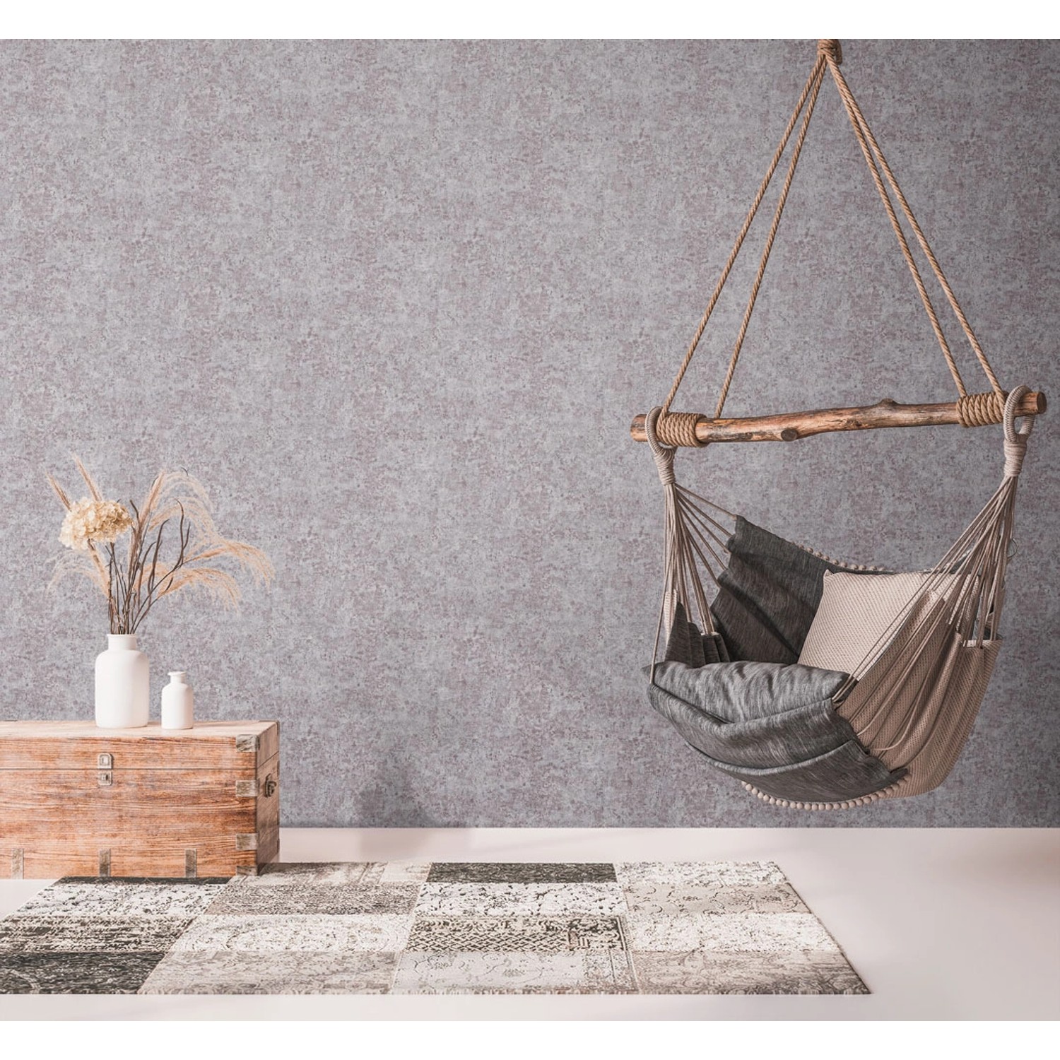 AS-Creation Vliestapete Metallic Putzoptik in Grau/Silber mit Hängesessel und Deko.
