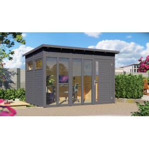 Anthrazitfarbenes Bertilo Gartenhaus Pentus 3 Office mit Fensterfront und Flachdach.