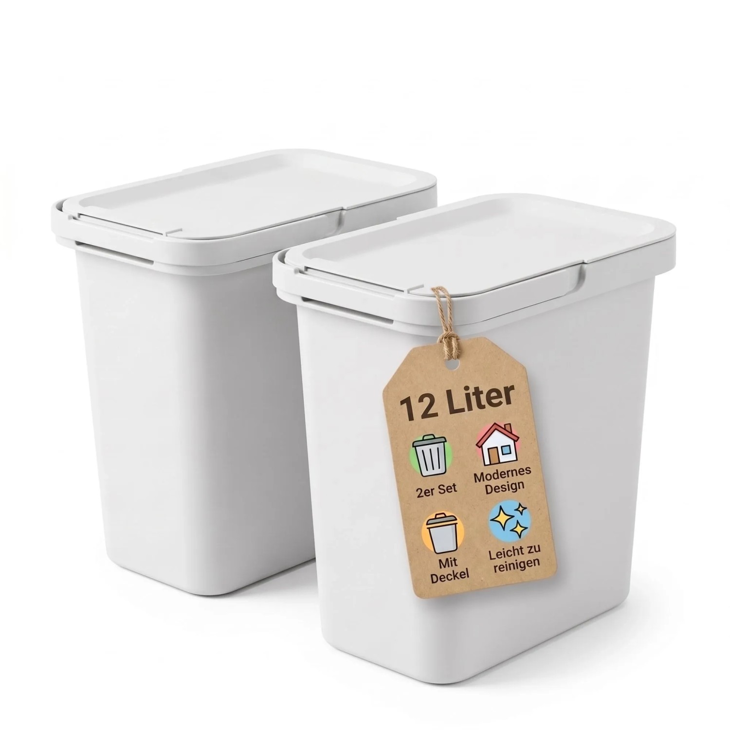 BigDean 2x 12L Mülleimer mit Deckel & Henkel & Mülltütenbefestigung