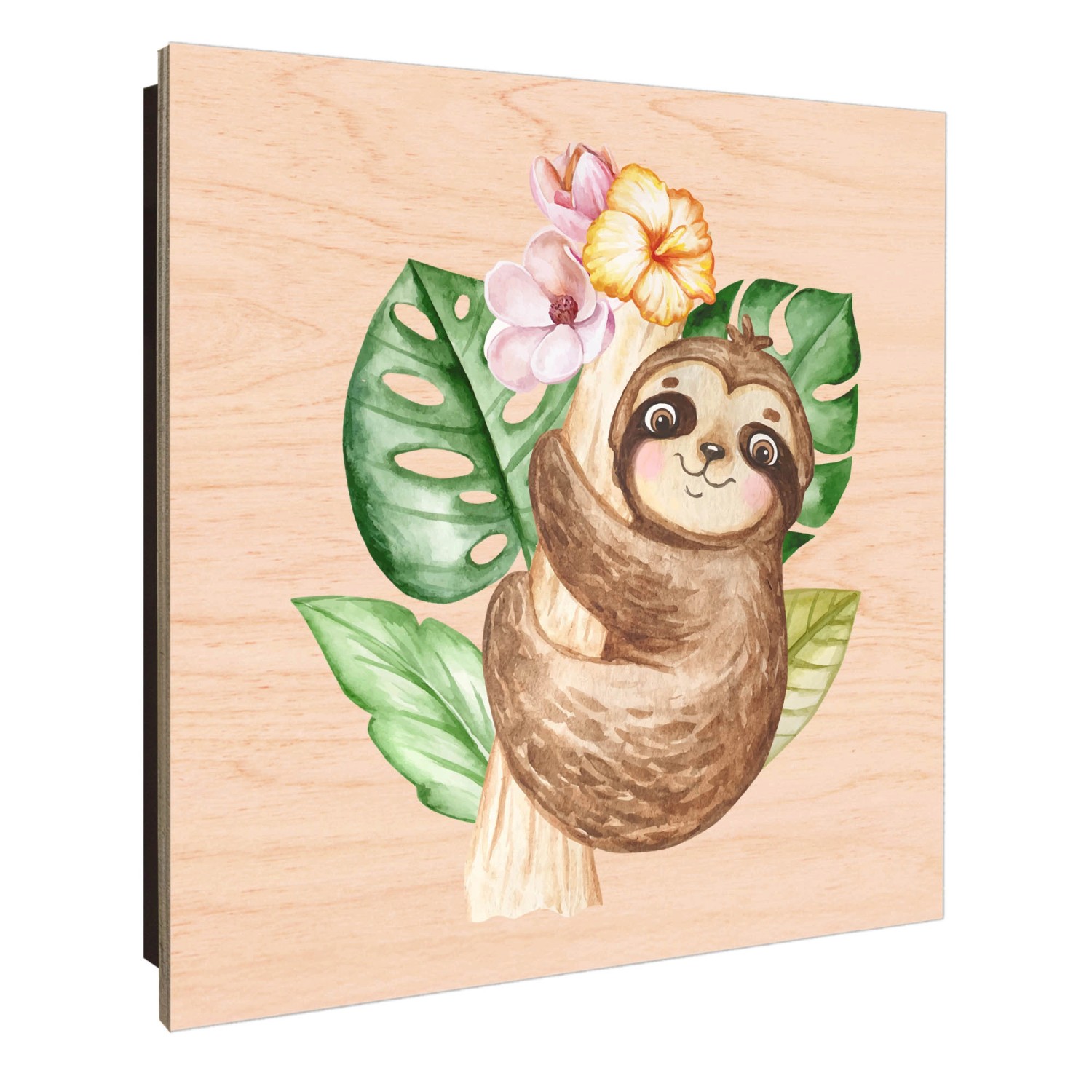 Banjado Schlüsselkasten Holz, 30x30cm, Motiv Faultier. Schlüsselaufbewahrung mit 50 Haken.