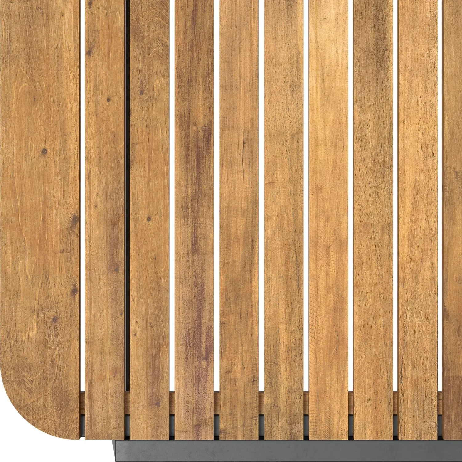 Detailansicht: Tischplatte des 4-teiligen Lounge-Sets Olary aus Akazienholz in Teak-Optik.