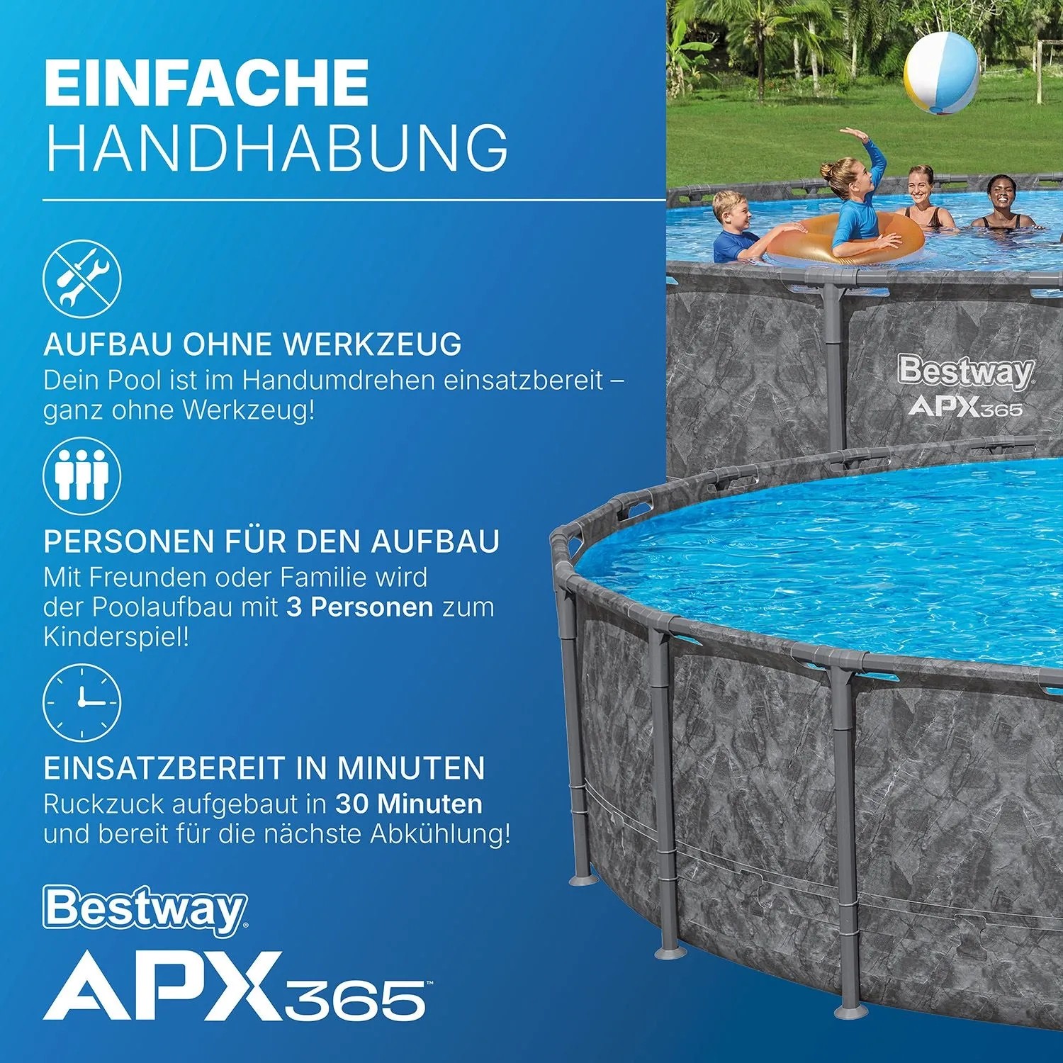 Bestway APX365 Solo Pool, runder Stahlrahmenpool in Marmor-Optik, mit Badenden.