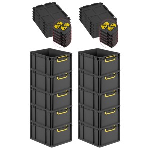 PROREGAL Sparset: 10 Euroboxen Nextgen Color mit Deckel, 20L, schwarz mit gelben Griffen.