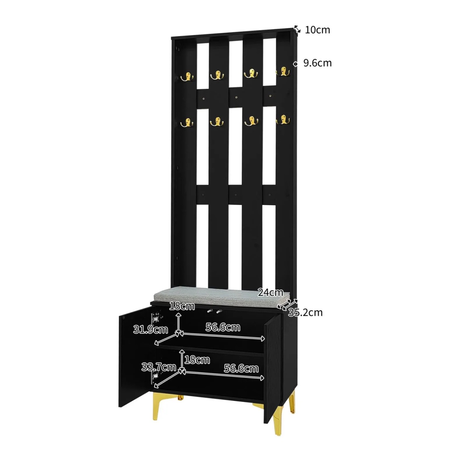 Schwarzes Garderobenset mit Schuhschrank, offenen Türen, goldfarbenen Haken und Sitzkissen für den Flur.