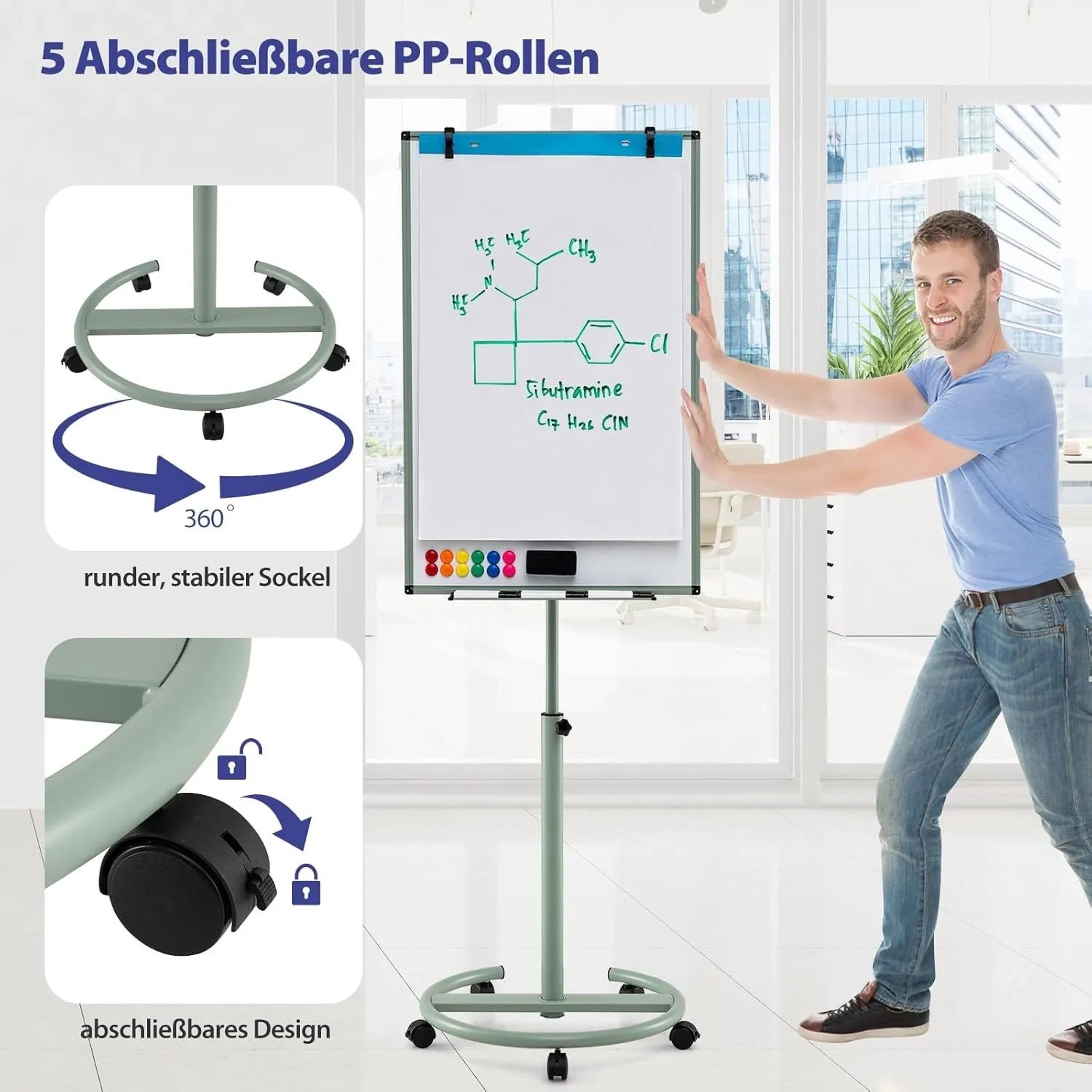 Mobiles Costway Flipchart Whiteboard mit Ständer, 100x65 cm, höhenverstellbar und mit Rollen.