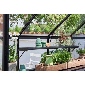 Schwarzes Halls Qube Regal (138 cm) im Gewächshaus mit Pflanzen und Dekoration.