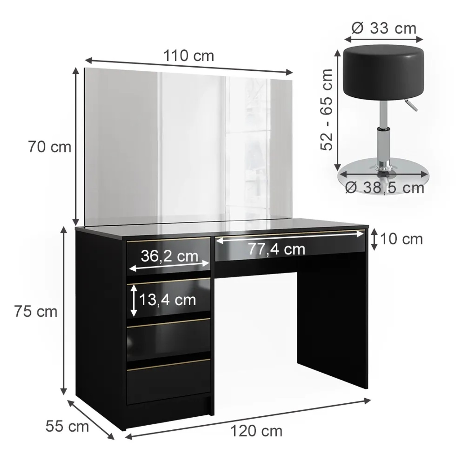 Vicco Schminktisch Sherry Schwarz/Gold mit LED-Spiegel, Hocker und Maßangaben.