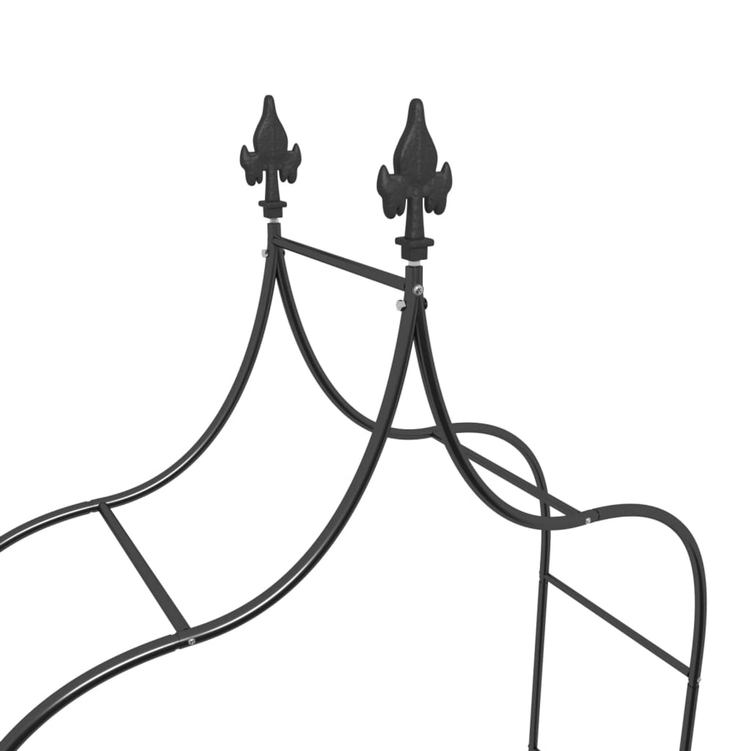 Zwei schwarze Gartenbögen aus Stahl mit dekorativen Spitzen.