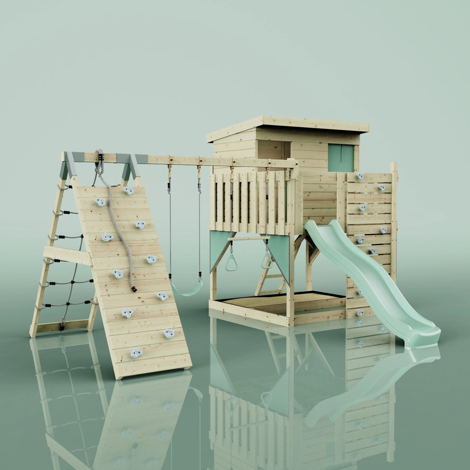 PolarPlay Spielturm Aksel mintgrün mit Schaukel, Rutsche und Kletterwand.