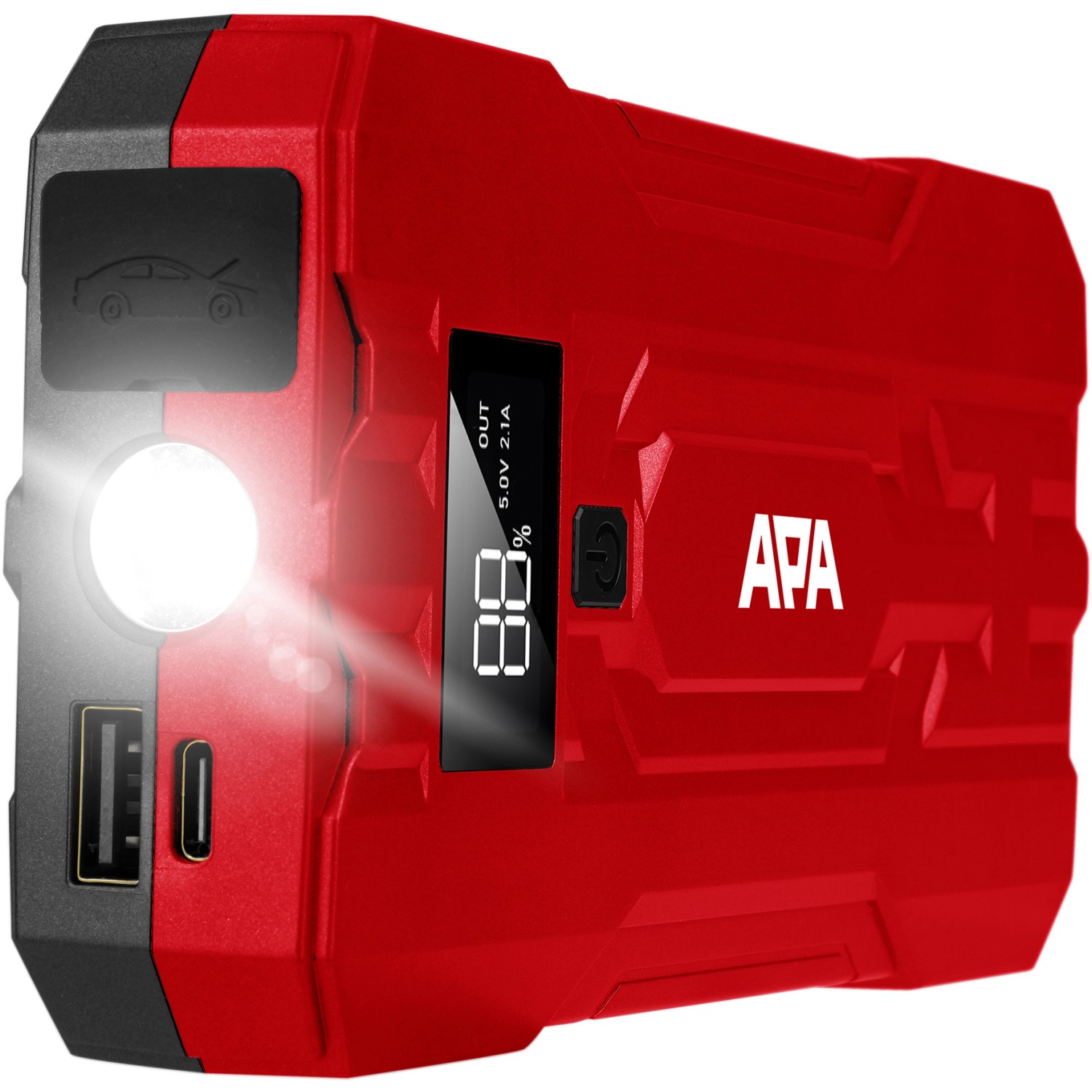 Rotes Apa Schnellstartsystem Lithium Powerpack 10.000 mAh mit LED-Leuchte und Display.