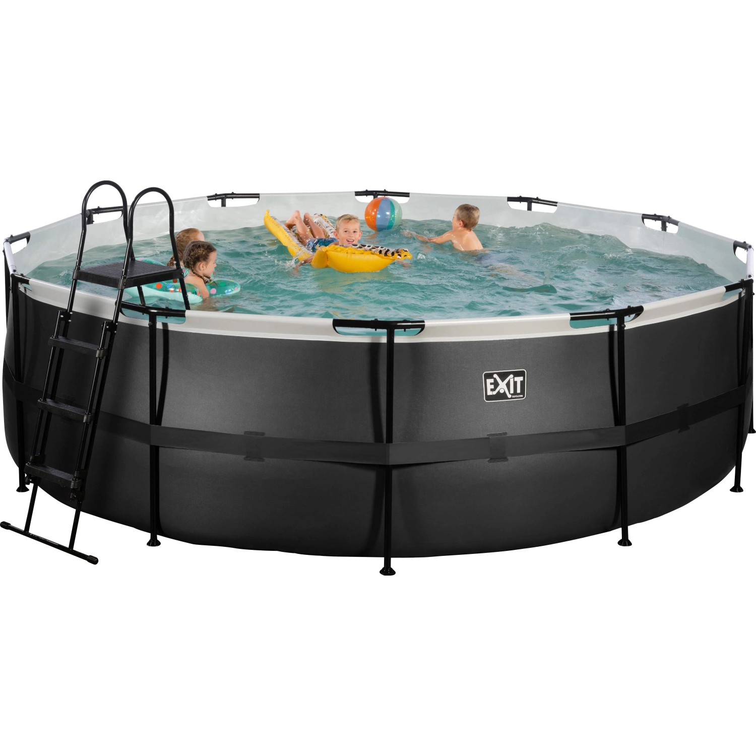 Schwarzer Exit Black Leather Pool ø 450 cm mit Leiter und spielenden Kindern.