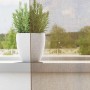 Hellbrauner Voile Vorhang aus Polyester, halbtransparent, filtert Licht am Fenster mit Pflanze auf Fensterbank.