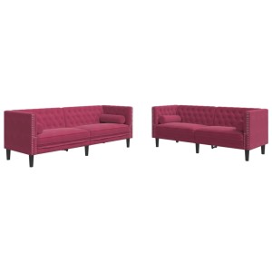 vidaXL Chesterfield Sofa-Set, 2-teilig, rot, Samt mit Nackenrollen.