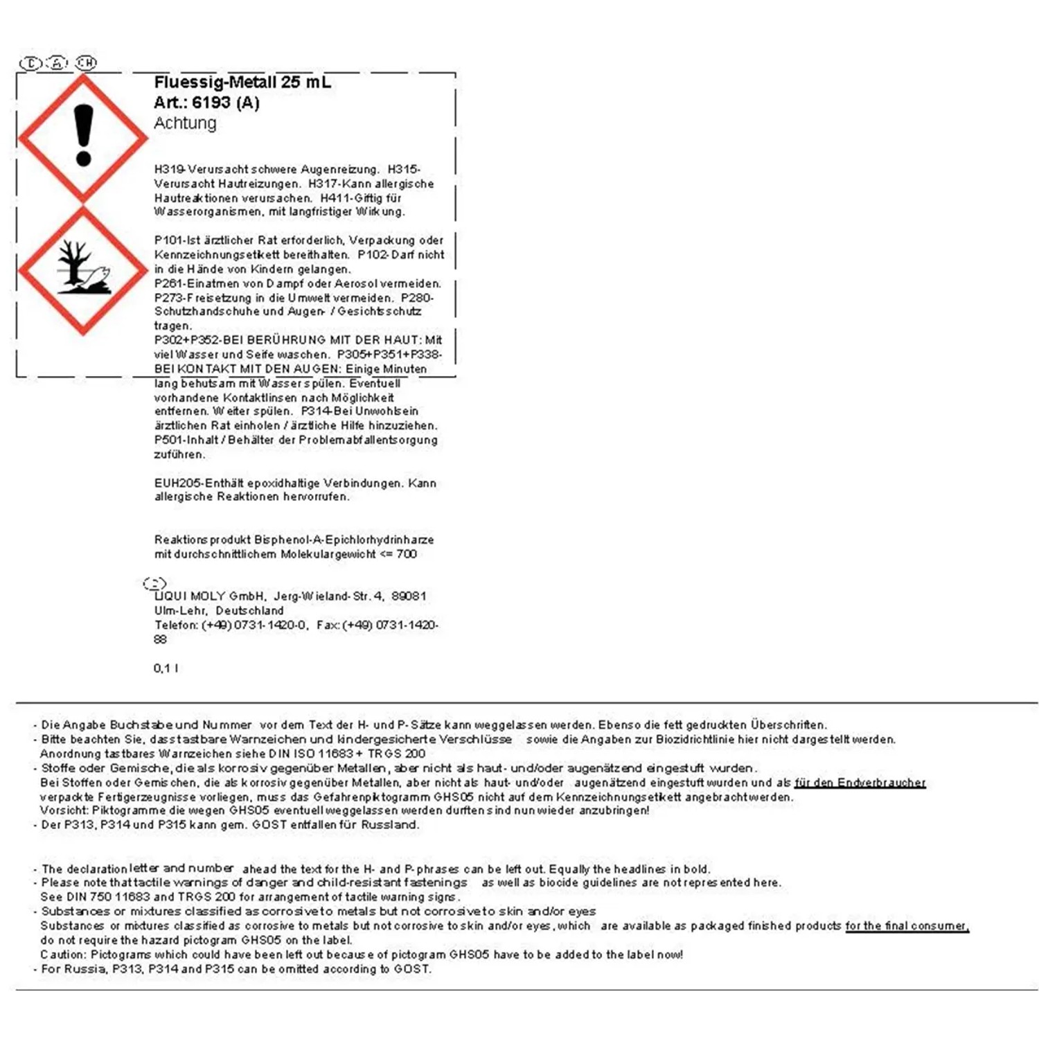 Etikett von Liqui Moly Flüssig-Metall 25ml mit Warnhinweisen und Gefahrensymbolen.
