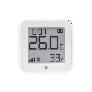 Weißer Shelly Temperatur- und Feuchtigkeitssensor Plus H&T G3 mit Display.