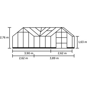 Skizze Halls Gewächshaus Garden Room Grün 12,9 m² mit Maßangaben.