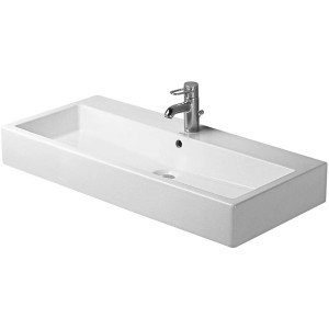 Weißes Duravit Einbauwaschbecken Vero, 100 cm breit, mit zwei Hahnlöchern und geschliffener Unterseite.