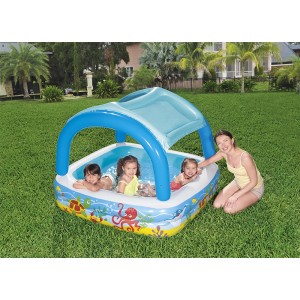 Bestway Kinderpool Canopy Play mit Sonnendach und spielenden Kindern im Garten.