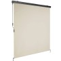 Beige Senkrechtmarkise mit schwarzem Gehäuse und Handkurbel, voll ausgefahren. Ideal für Sonnenschutz.
