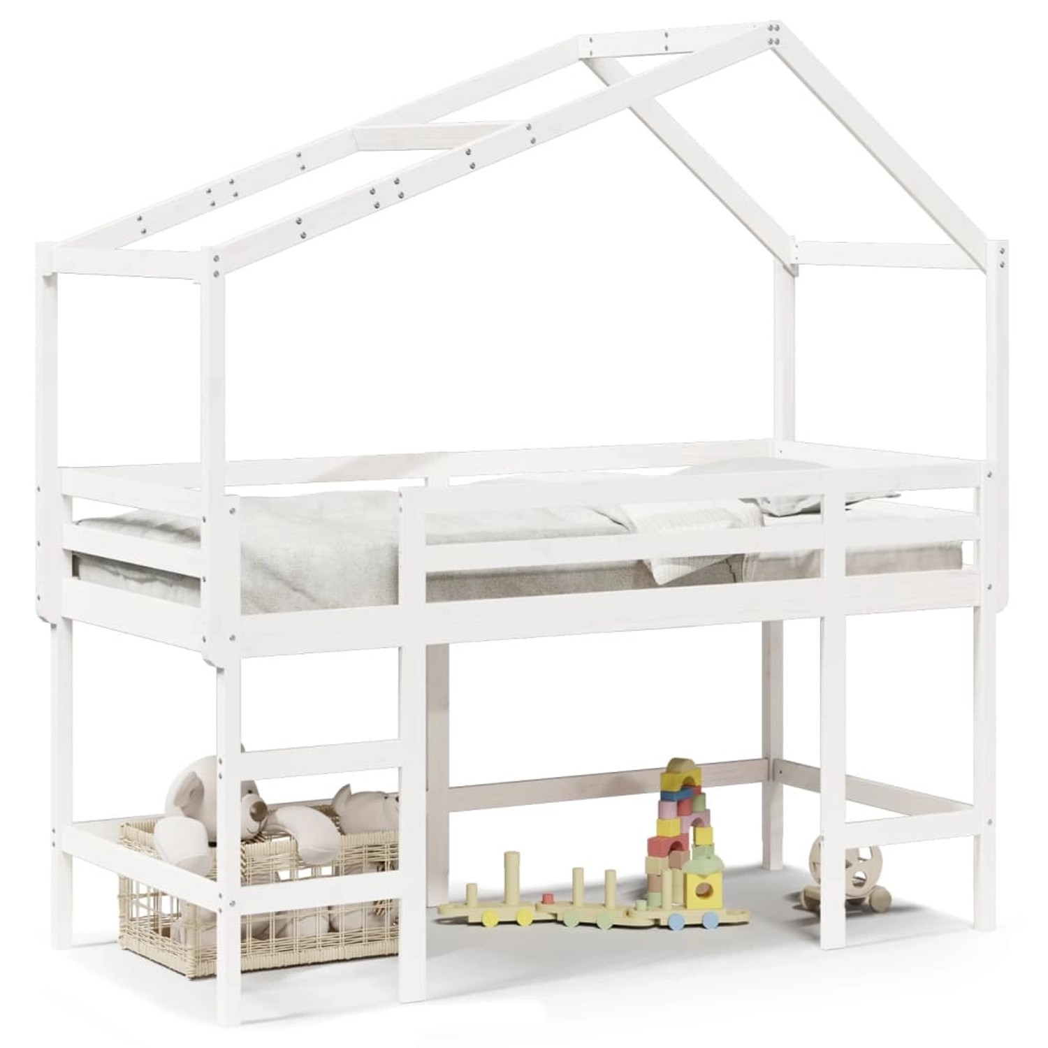 vidaXL Hochbett mit Leiter und Dach Weiß 90x190 cm Massivholz Kiefer 328207 günstig online kaufen