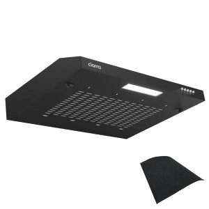 Schwarze CIARRA Unterbauhaube 60cm mit LED-Beleuchtung und Aktivkohlefilter.