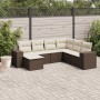 Braune 7-tlg. vidaXL Garten-Sofagarnitur aus Poly Rattan mit cremefarbenen Kissen auf einer Terrasse.