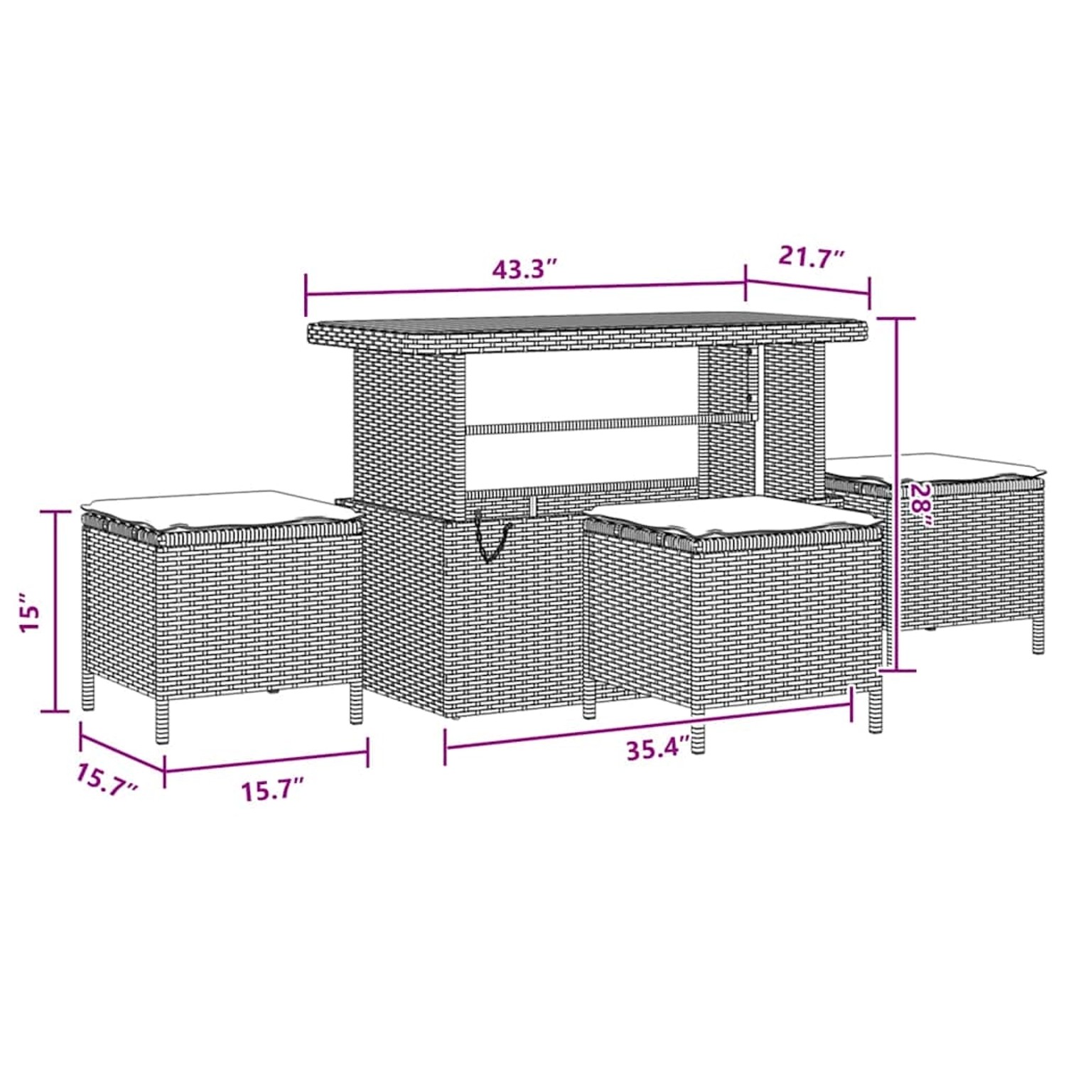 vidaXL Gartenmöbel-Set, 14-teilig, schwarz, Poly Rattan, mit Tisch und Hockern, Maße eingezeichnet.