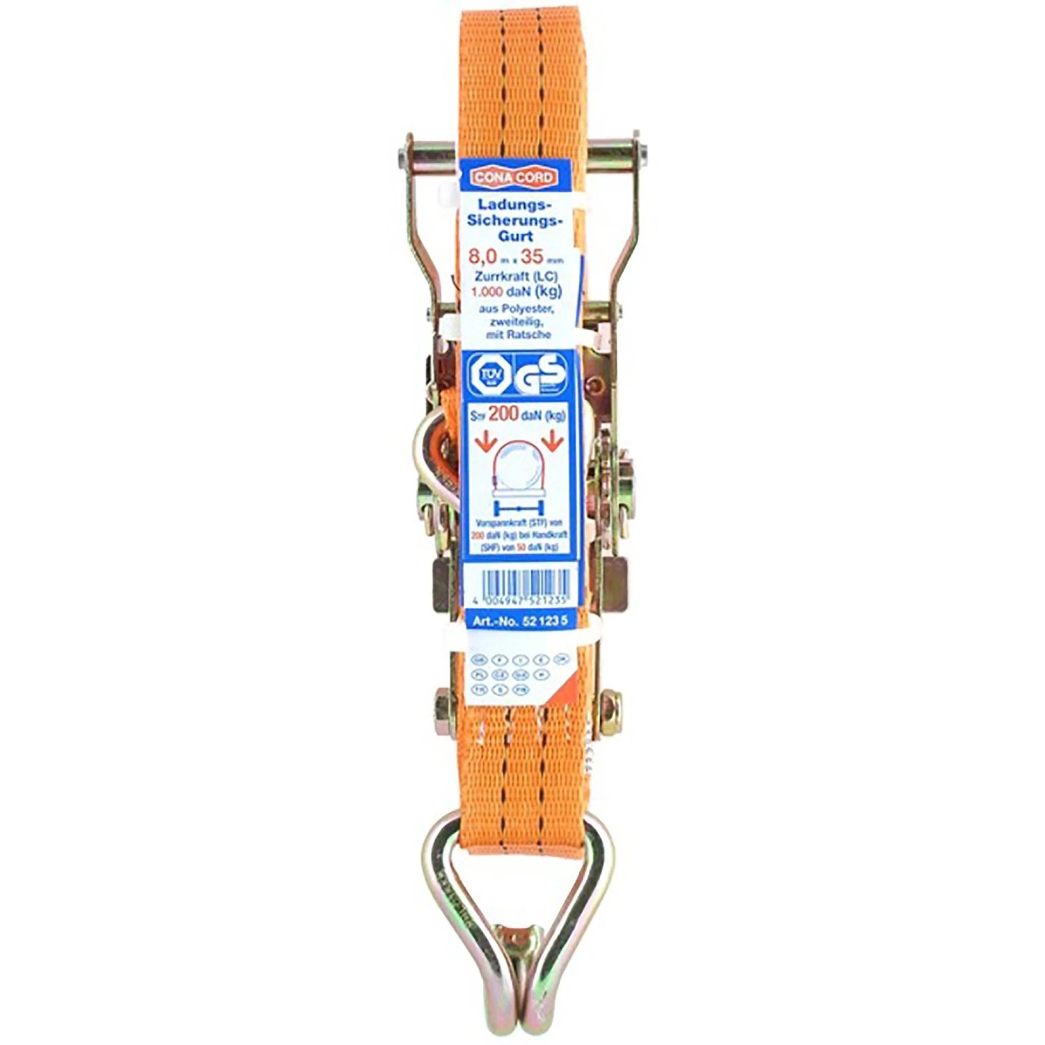 Conacord Spanngurt Pro, 8 m, mit Ratsche und 2 Spitzhaken für Autoanhänger.