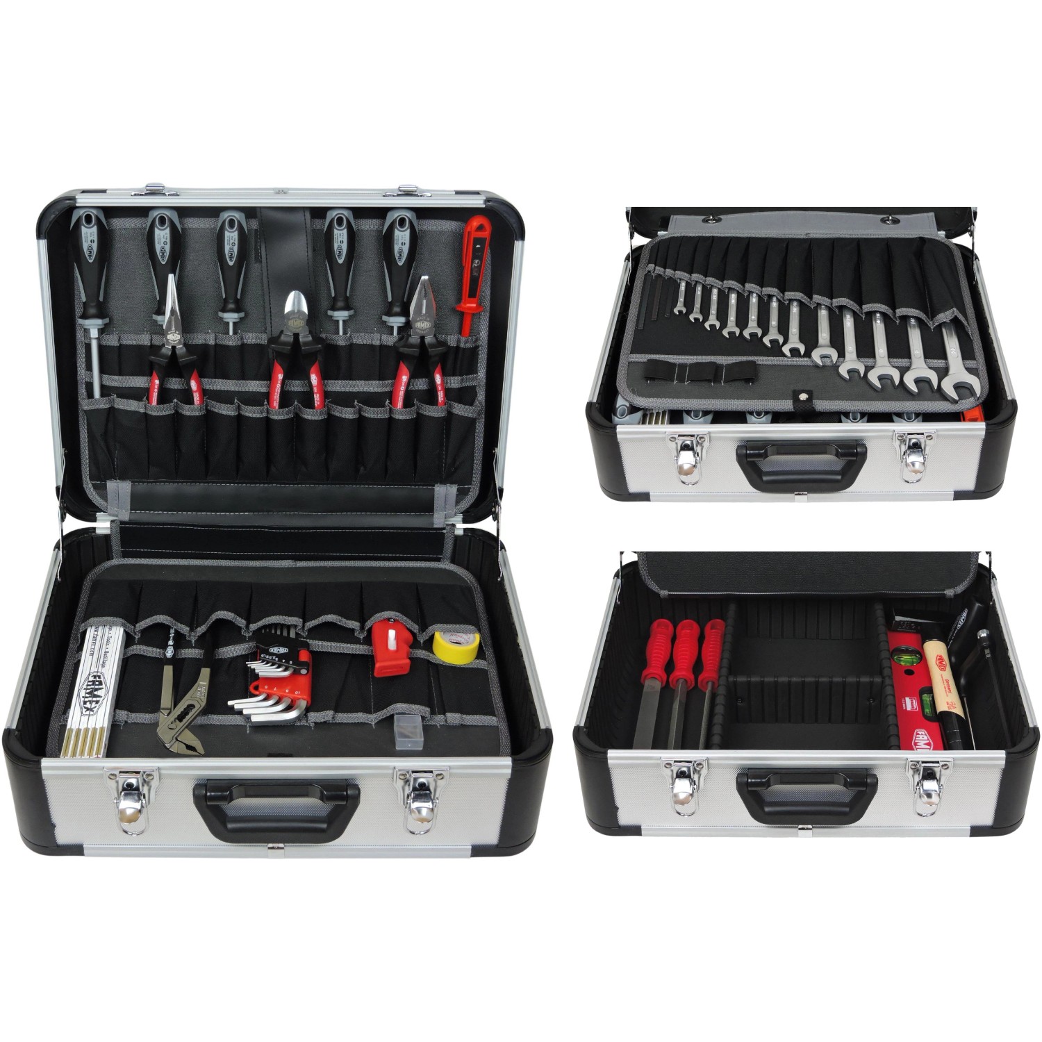 Offener Famex Alu Werkzeugkoffer mit 66-teiligem Steckschlüsselsatz und diversen Werkzeugen.
