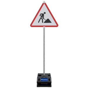 Schilderpfosten Stahl, feuerverzinkt, mit Warnschild Baustelle für Straßenbau und Baustellenabsicherung.