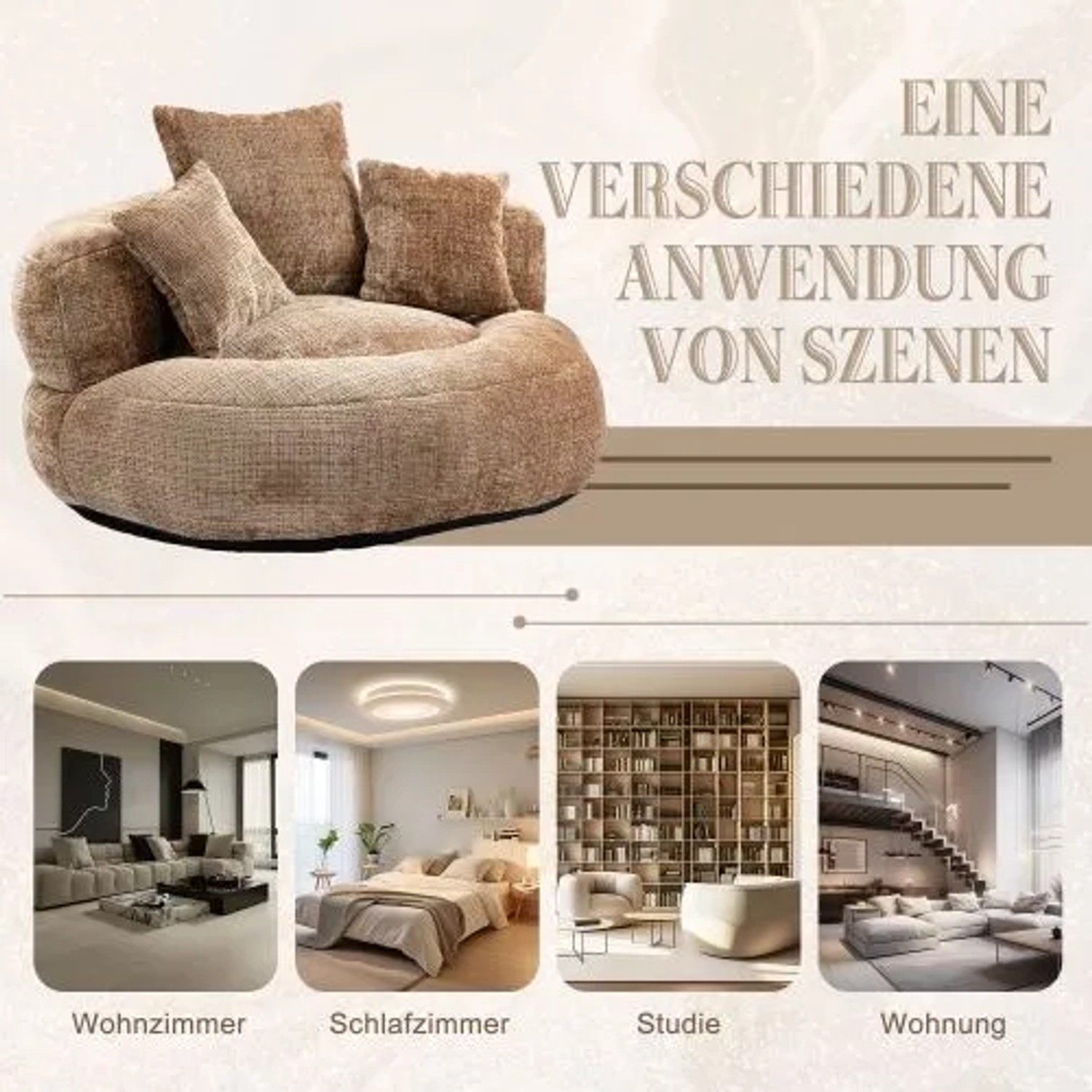Brauner Chenille Sitzsack Stuhl mit 3 Kissen. Ideal als Relaxsessel für Wohnzimmer, Schlafzimmer, Studie.