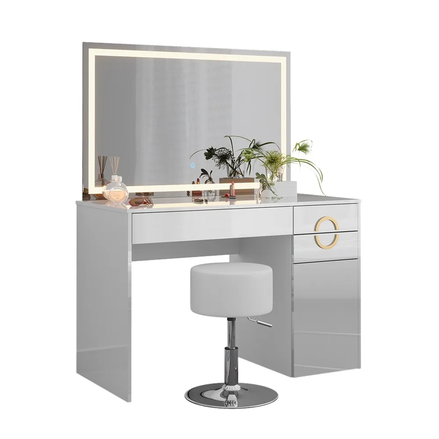 Weißer Vicco Schminktisch Adela mit LED-Spiegel und Hocker, Fronten hochglänzend.