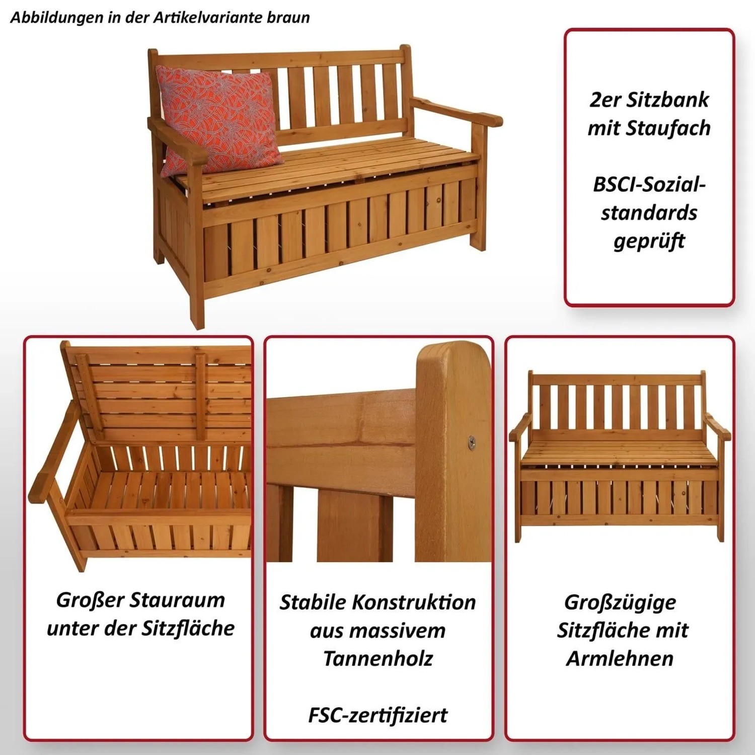 Braune Gartenbank aus Tannenholz mit Stauraum unter der Sitzfläche. Truhenbank für den Outdoorbereich.