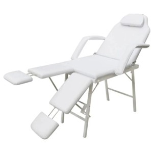 Weißer, tragbarer Kosmetikstuhl/Massageliege mit verstellbarer Rückenlehne und Fußstützen.