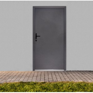 Anthrazitfarbene Stahl-Nebeneingangstür, nach innen öffnend, mit Griff auf der linken Seite.