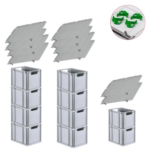 PROREGAL Spar Set: 10 graue Euroboxen mit Deckel und grünen Schiebeschnappverschlüssen.