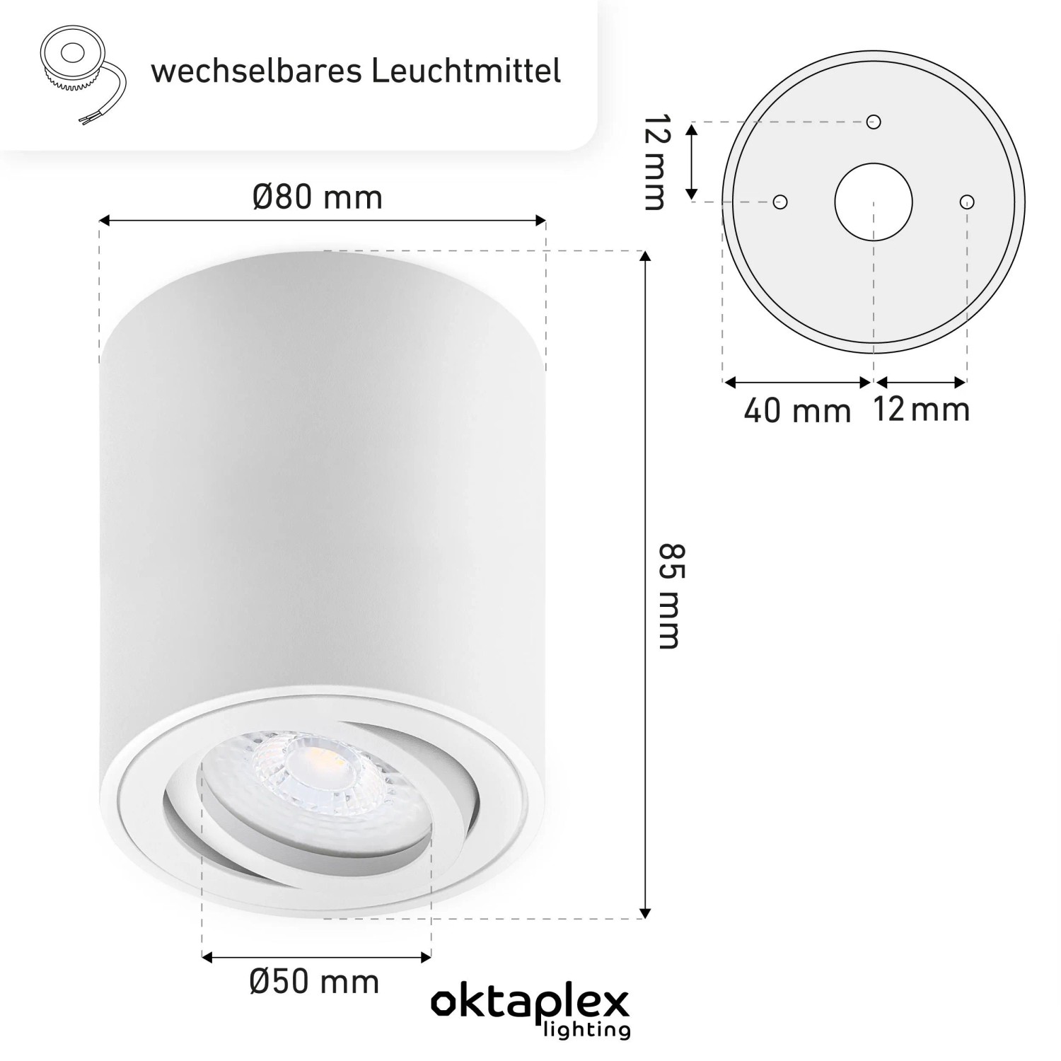 Oktaplex 3er Set Alu Aufbaustrahler Lile M, schwenkbar, LED warmweiß 3000K, weiß, mit Maßangaben.